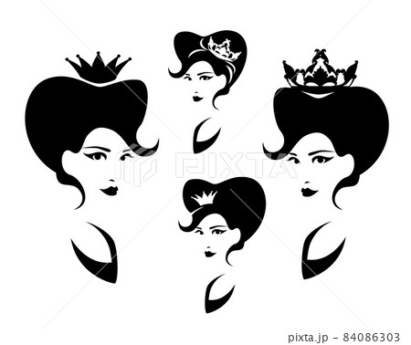 black vector head portrait of fairy tale princess or queen with medieval hairstyle and crown 84086303