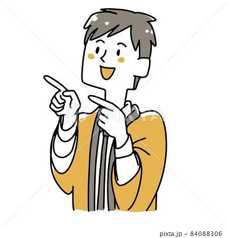 両手で横を指差す販売員の男性のイラスト素材