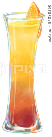 細い反りタンブラーグラスに入ったオレンジを添えたカシスオレンジカクテルの水彩イラスト 84088360