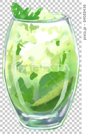 Watercolor illustration of a green cocktail with lime and mint in a clear rock glass Watercolor illustration of a green cocktail with lime and mint in a clear rock glass 84088436