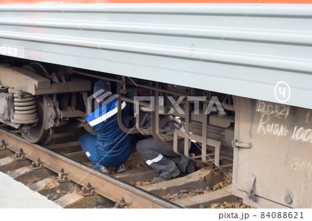 Irkutsk, Russia - August 5, 2021, Repair of a wheelset of a train carriage. Editorial Irkutsk, Russia - August 5, 2021, Repair of a wheelset of a train carriage. Editorial 84088621