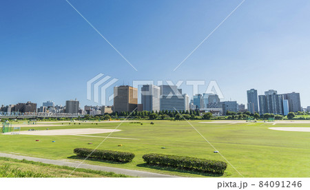 多摩川緑地から見た川崎駅前のビル群【神奈川県・川崎市・幸区】 84091246