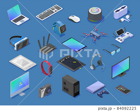 Modern wireless technologies, smart devices. Different electronic gadgets for communication playing Modern wireless technologies, smart devices. Different electronic gadgets for communication playing 84092225