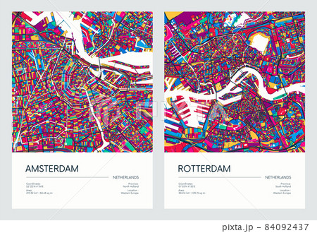 Color detailed road map, urban street plan city Amsterdam and Rotterdam with colorful neighborhoods and districts, Travel vector poster 84092437