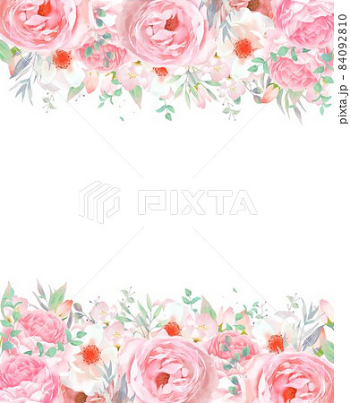 優しい色使いのピンク系のバラの花とリーフのフレームベクターイラスト素材のイラスト素材