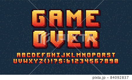 Digital arcade alphabet pixel 3d font, video computer game design 8 bit electronic entertainment vector latin typeface, yellow-red letters and numbers with dark outline Digital arcade alphabet pixel 3d font, video computer game design 8 bit electronic entertainment vector latin typeface, yellow-red letters and numbers with dark outline 84092837