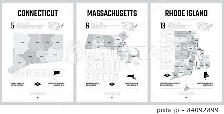 Highly detailed vector silhouettes of US state maps, Division United States into counties, political and geographic subdivisions of a states, New England - Connecticut, Massachusetts, Rhode Island - 84092899