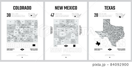 Highly detailed vector silhouettes of US state maps, Division United States into counties, political and geographic subdivisions of a states, Mountain and West South Central - Colorado, New Mexico, 84092900
