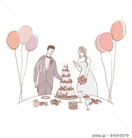 ウエディングケーキと新郎新婦、ウエディング、結婚式、風船　A 84093079
