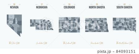 Vector set 8 of 10 Highly detailed silhouettes of US state maps, divided into counties with names and territory nicknames Vector set 8 of 10 Highly detailed silhouettes of US state maps, divided into counties with names and territory nicknames 84093151