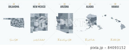 Vector set 10 of 10 Highly detailed silhouettes of US state maps, divided into counties with names and territory nicknames 84093152