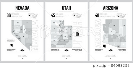 Highly detailed vector silhouettes of US state maps, Division United States into counties, political and geographic subdivisions of a states, Mountain - Nevada, Utah, Arizona - set 14 of 17 84093232