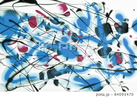 Black and blue lines and splashes drawn on white background. Abstract art spotted backdrop with purple brush stroke. Black and blue lines and splashes drawn on white background. Abstract art spotted backdrop with purple brush stroke. 84093470