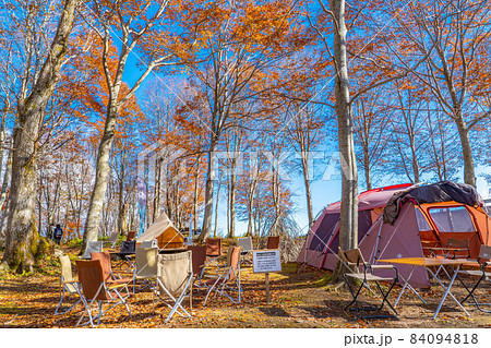 キャンプ素材 秋のキャンプ風景 長野県 の写真素材