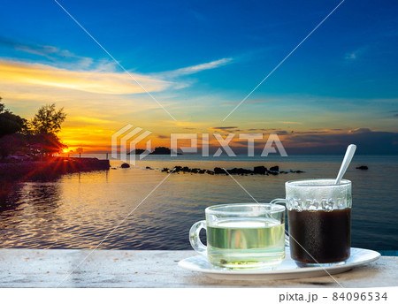 Hot coffee, tea Natural, mountain view, morning sunrise Hot coffee, tea Natural, mountain view, morning sunrise 84096534
