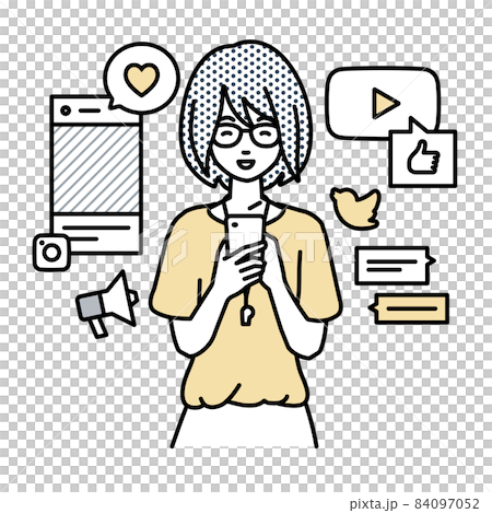 A female teacher who stands up and interacts happily on various SNS on her smartphone A female teacher who stands up and interacts happily on various SNS on her smartphone 84097052