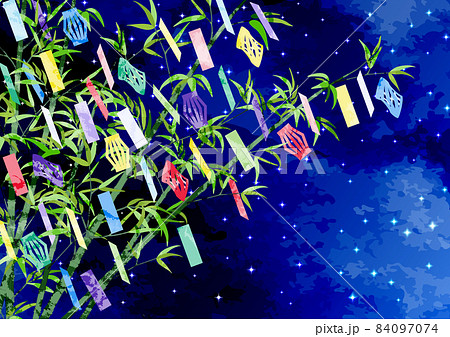 七夕の節句-星空に笹竹と七夕飾り 七夕の節句-星空に笹竹と七夕飾り 84097074