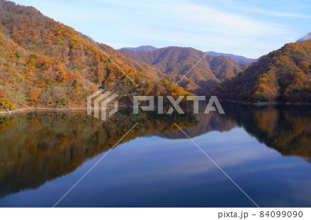 秋の徳山ダム湖の白谷付近の紅葉の映り込み 秋の徳山ダム湖の白谷付近の紅葉の映り込み 84099090
