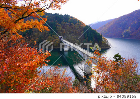 秋の徳山ダム湖の元櫨原辺り紅葉の映り込み 84099168