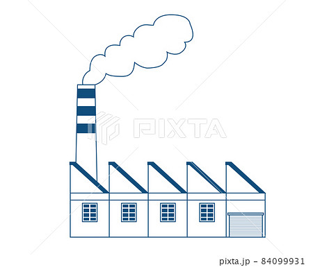 シンプルな鋸屋根の煙突のある工場のイラスト 線画 白背景のイラスト素材