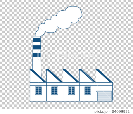 シンプルな鋸屋根の煙突のある工場のイラスト　線画　白背景 84099931