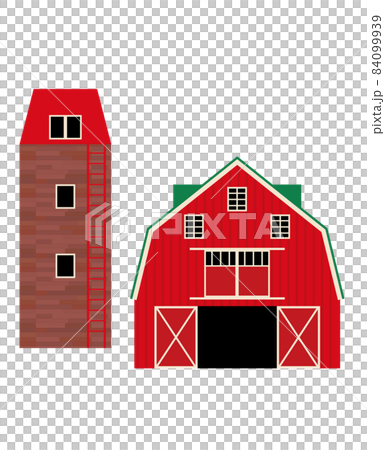 一個筒倉和一個穀倉在一個簡單的鄉村景觀中的插圖,一個牛棚的白色背景 一個筒倉和一個穀倉在一個簡單的鄉村景觀中的插圖,一個牛棚的白色背景 84099939