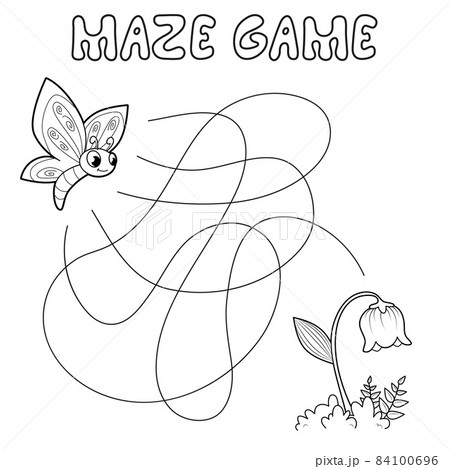 Maze puzzle game for children. Outline maze or labyrinth. Find path game with butterfly and flower. 84100696
