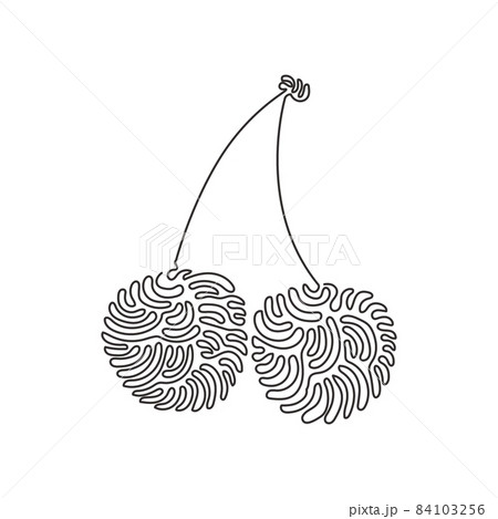 Single one line drawing whole healthy organic cherries for orchard logo identity. Fresh fruitage concept for fruit garden icon. Swirl curl style. Continuous line draw design vector illustration Single one line drawing whole healthy organic cherries for orchard logo identity. Fresh fruitage concept for fruit garden icon. Swirl curl style. Continuous line draw design vector illustration 84103256