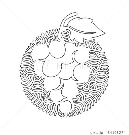 Single one line drawing healthy organic grapes for vineyard logo. Fresh tropical fruitage concept for fruit orchard garden icon. Swirl curl circle background style. Continuous line draw design vector 84103274