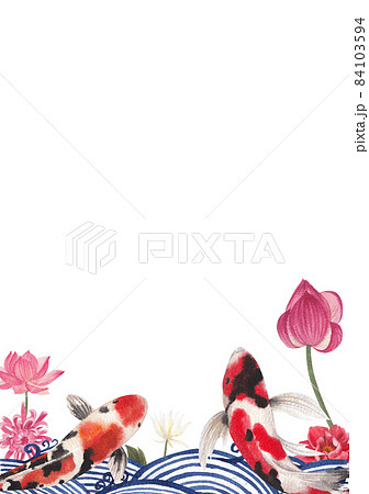 Oriental koi colorful floating carps backdrop, chinese goldfish. Asian traditional carp fish frame watercolor illustration 84103594