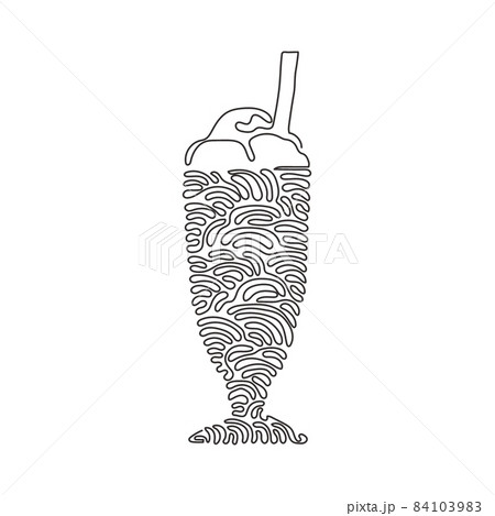Single one line drawing delicious milkshakes in glasses with straws. Sweet cold tasty beverages. Yummy dessert drink. Swirl curl style. Modern continuous line draw design graphic vector illustration Single one line drawing delicious milkshakes in glasses with straws. Sweet cold tasty beverages. Yummy dessert drink. Swirl curl style. Modern continuous line draw design graphic vector illustration 84103983