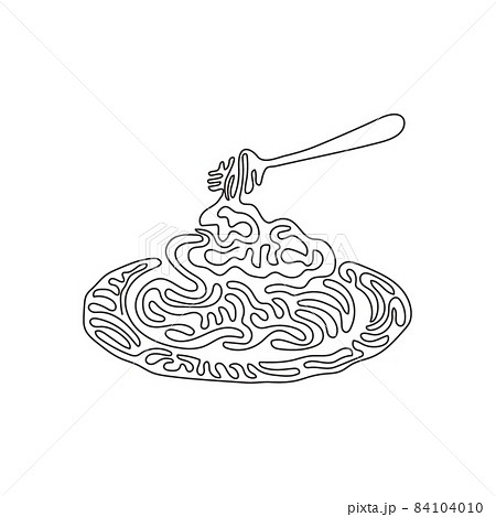 Continuous one line drawing spaghetti bolognese with fork on plate. Classic Italian pasta dish for lunch. Delicious meal at home. Swirl curl style. Single line draw design vector graphic illustration 84104010