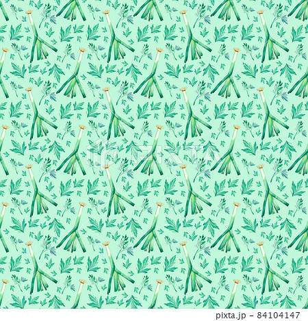 Watercolor pattern with green vegetables, onions, parsley Watercolor pattern with green vegetables, onions, parsley 84104147