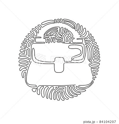 Single continuous line drawing women handbags collection of fashionable items. Bags with zippers and pockets. Swirl curl circle background style. One line draw graphic design vector illustration Single continuous line drawing women handbags collection of fashionable items. Bags with zippers and pockets. Swirl curl circle background style. One line draw graphic design vector illustration 84104207