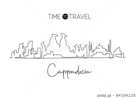 Continuous one line drawing Cappadocia city skyline, Turkey. Beautiful landmark artwork. World landscape tourism travel wall decor poster print art. Stylish single line draw design vector illustration 84104220