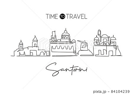 Single one line drawing Santorini city skyline, Greece. World historical town landscape. Best holiday destination postcard. Editable stroke trendy continuous line draw design vector illustration 84104239