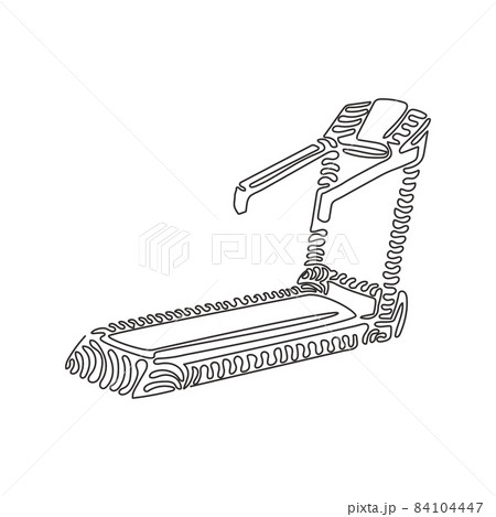 Continuous one line drawing professional treadmill with incline. Sports fitness exercise equipment, running treadmill for workout. Swirl curl style. Single line draw design vector graphic illustration 84104447