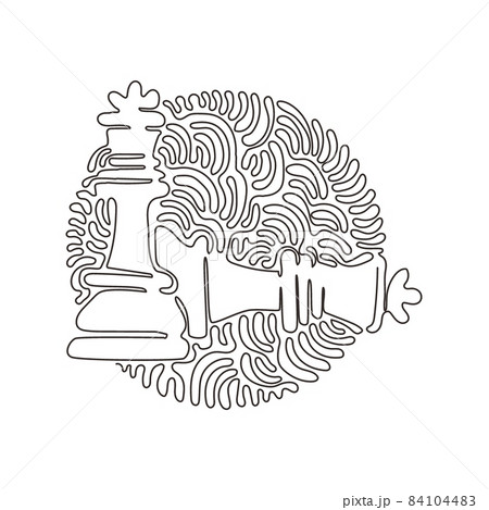 Single continuous line drawing figures of wooden chess on chessboard. King, queen of opposing team's. Swirl curl circle background style. Dynamic one line draw graphic design vector illustration Single continuous line drawing figures of wooden chess on chessboard. King, queen of opposing team's. Swirl curl circle background style. Dynamic one line draw graphic design vector illustration 84104483