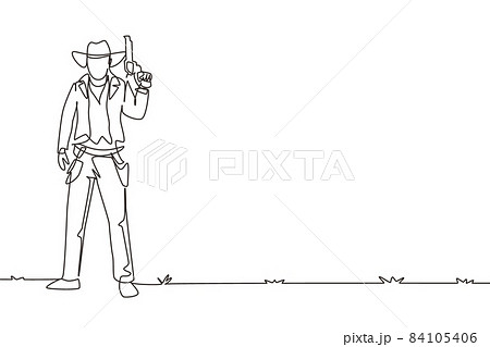 Single continuous line drawing smart cowboy with hat holding his gun. American gunslinger style holding gun concept. Weapons for self-defense. Dynamic one line draw graphic design vector illustration 84105406
