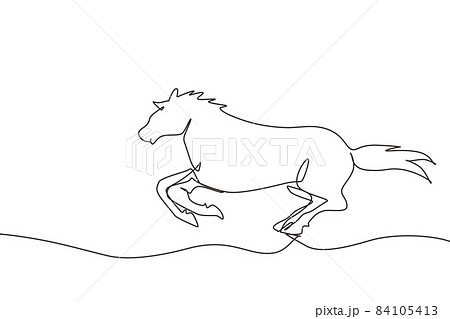 Single one line drawing running horse with long mane. Stallion lowered its head and gallops with legs stretched out. Vector black silhouette for equestrian goods. Continuous line draw design graphic 84105413