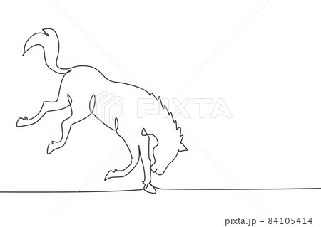 Single one line drawing wild horse jumps over an obstacle. Strong character. Equestrian jumping training. Horse racing symbol, equestrian sport badge. Modern continuous line draw design graphic vector 84105414