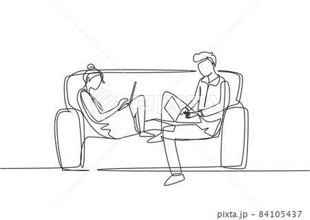 Single continuous line drawing young couple using laptop on sofa and obsessed with devices gadgets, people internet technology addiction concept. One line draw graphic design vector illustration 84105437