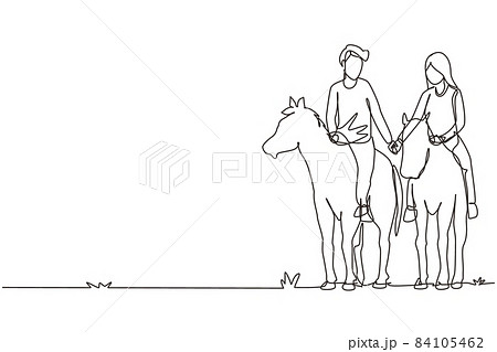 Continuous one line drawing couple riding horses hand in hand at sunset. Happy man making proposal marriage to woman. Engagement and love relation. Single line draw design vector graphic illustration 84105462