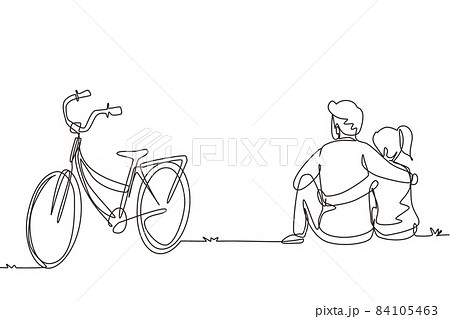 Single continuous line drawing back view of romantic teenage couple sitting outdoors with bicycle next to them. Young man and woman in love. Happy married couple. One line draw graphic design vector 84105463