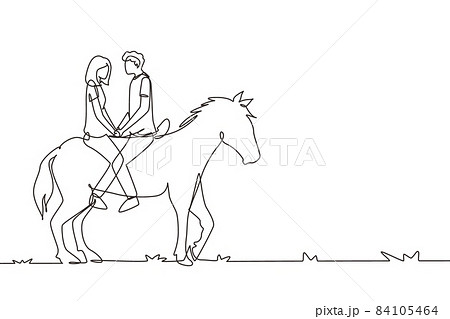 Continuous one line drawing couple riding horses face to face at sunset. Happy man making proposal marriage to woman. Engagement and love relation. Single line draw design vector graphic illustration 84105464