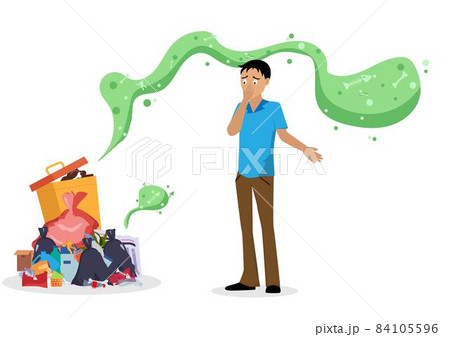 Young man annoyed by the smell of garbage from the community where people throw rubbish in an unconventional way No responsibility. flat style cartoon vector illustration 84105596