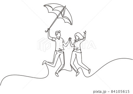 Continuous one line drawing couple in love walking under rain with umbrella. Man and woman walking along city street and jumping. Married couple romantic relationship. Single line draw design vector 84105615