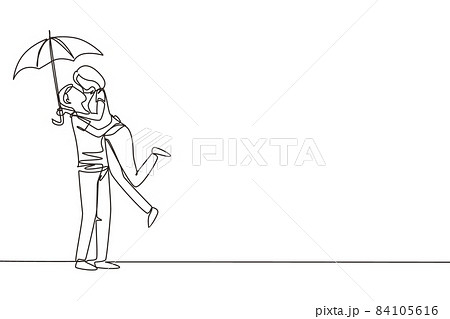 Single continuous line drawing cute couple in love under rain with umbrella. Happy man and woman walking at park and jumping. Married couple romantic relationship. One line draw graphic design vector 84105616
