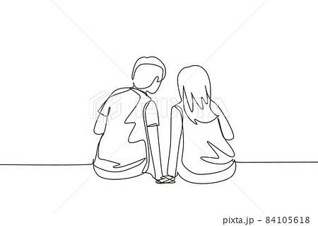 Continuous one line drawing back view people in love sit holding hands and looking at moon and stars. Man and woman enjoying romantic nature together. Single line design vector graphic illustration Continuous one line drawing back view people in love sit holding hands and looking at moon and stars. Man and woman enjoying romantic nature together. Single line design vector graphic illustration 84105618