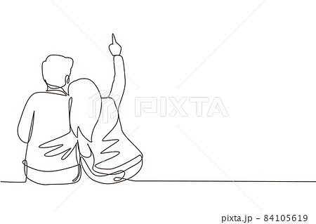 Single continuous line drawing young girl in love sit lay on shoulder her boyfriend and looking at moon and stars. Man and woman enjoying romantic night together. One line draw graphic design vector 84105619